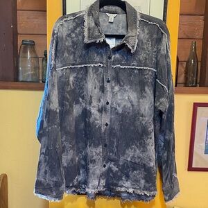 CATO Tie Dye Cotton Shacket with Frayed Seam/Edge Detailing
